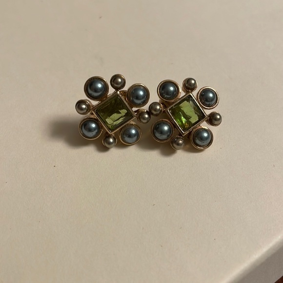 Jewelry - Vintage gold, blue bead and green glass clip  earrings.